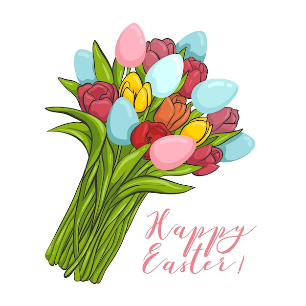 Big bouquet of flowers and eggs happy easter greeting card vector eps 10