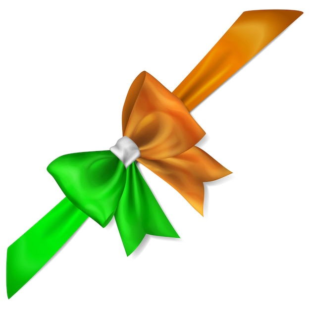 Big bow made of ribbon in ireland flag colors with shadow on white background