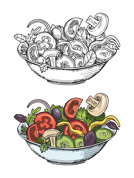 Big bowl of green salad with tomatoes, cucumbers, olives, onion, mushrooms