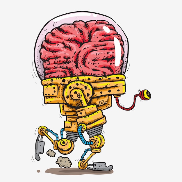 Big brain covered in glass head robot with tentacle one eye hand drawing