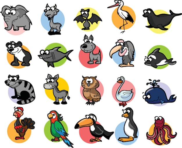 Big bundle of funny domestic and wild animals marine mammals reptiles birds and fish collection of cute cartoon characters isolated on white background vector illustration in flat style