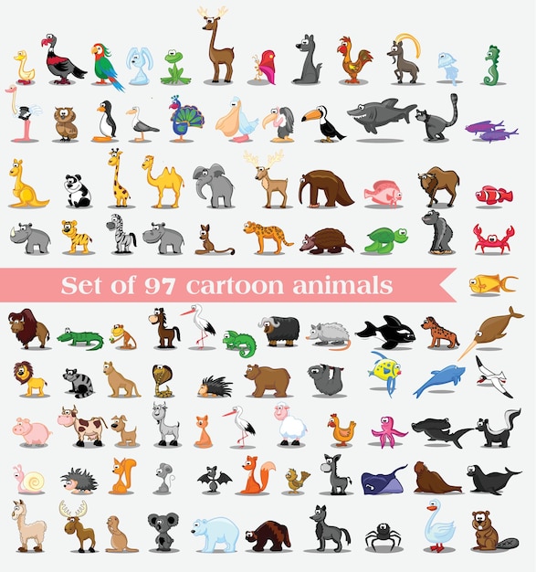 Big bundle of funny domestic and wild animals marine mammals reptiles birds and fish Collection of cute cartoon characters isolated on white background Vector illustration in flat style