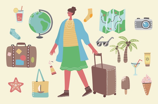 Big bundle of travel and summer holiday related objects and icons. a woman ready for trip.