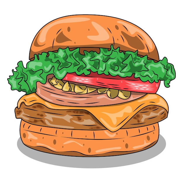 big burger, hamburger with filling complete with melted cheese, retro style sketch illustration