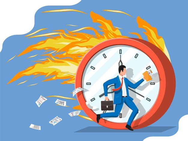 Big burning clock and businessman is fast running with waving necktie and briefcase. business man rushing hurry to get on time. time is money. flat vector illustration