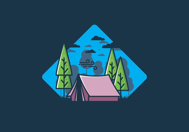 Vector big camping tent and pine trees illustration