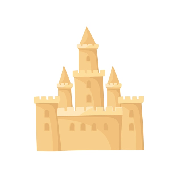 Big castle made of sand Fortress with high towers Children beach game Flat vector for travel poster or mobile game