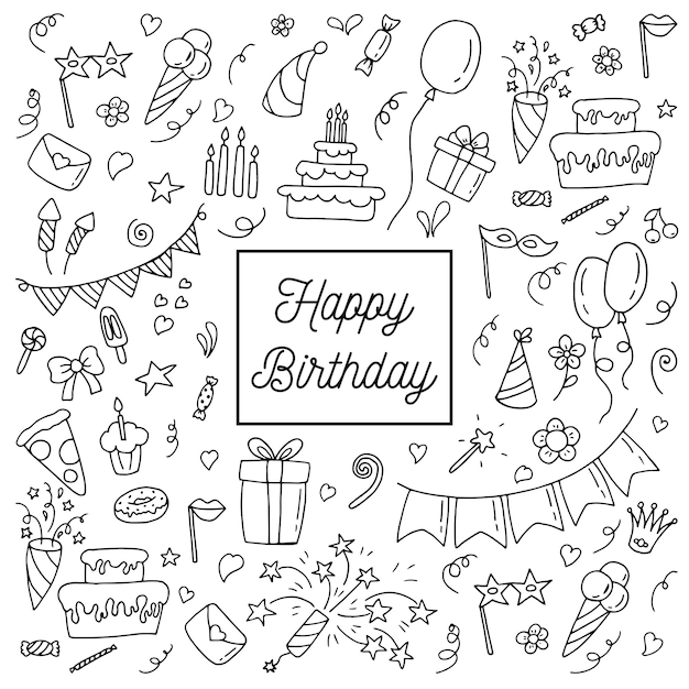 Big celebration set party time doodle clipart with fireworks party hat birthday cake holiday gif