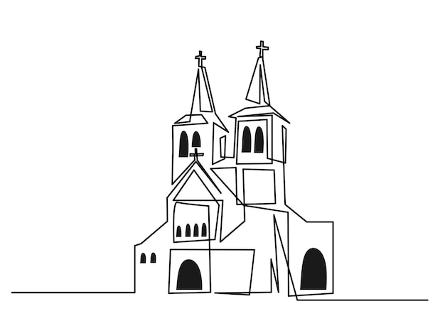 Grande chiesa continua a una linea di disegno vettoriale design minimalista simbolo cristiano isolato su uno sfondo bianco