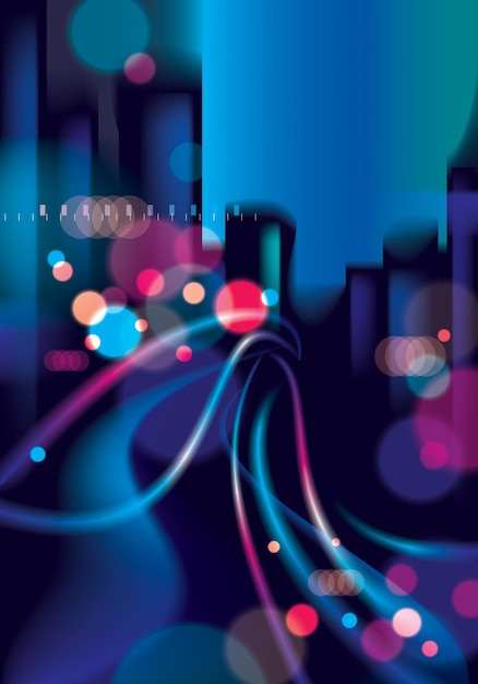 Vector big city nightlife with street lamps and bokeh blurred lights. effect vector beautiful background. blur colorful dark background with cityscape, buildings silhouettes skyline.