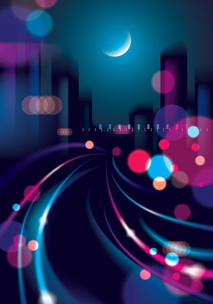 Big city nightlife with street lamps and bokeh blurred lights. Effect vector beautiful background. Blur colorful dark background with cityscape, buildings silhouettes skyline.