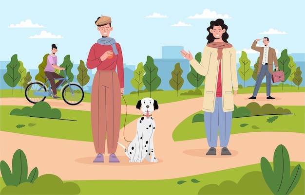 Вектор Большой город парк женщин с даматианской собакой рядом с человеком с портфелем и девушкой на велосипеде люди отдыхают в