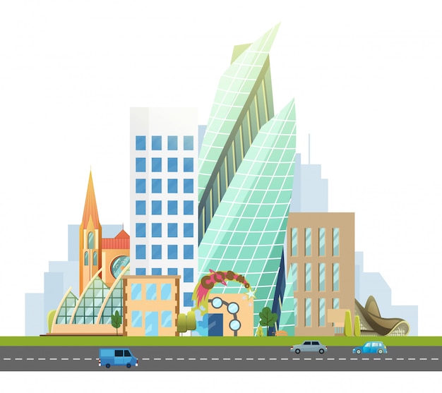 Vector big city with skyscrapers and small houses. highway with cars. vector flat illustration