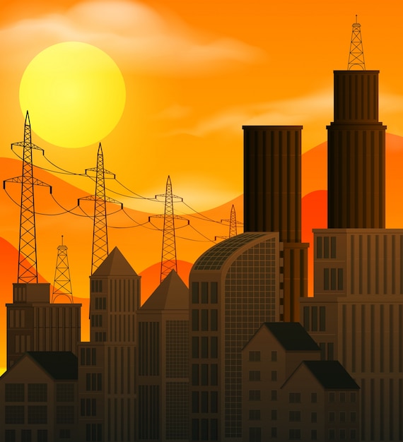 Vector a big city with sunset  scene