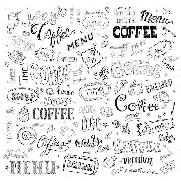 big coffee set signsobjects and letters isolated on white back vector illustration