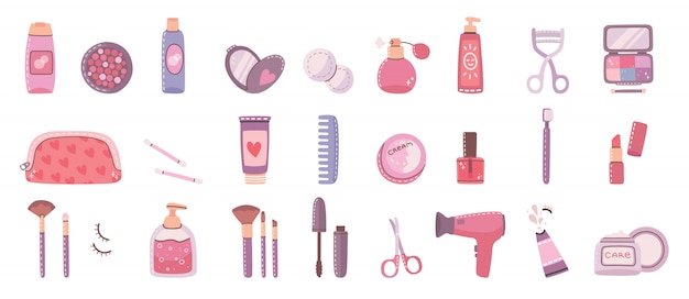 Big collage of cosmetics and body care products for make up. modern illustration in flat style.