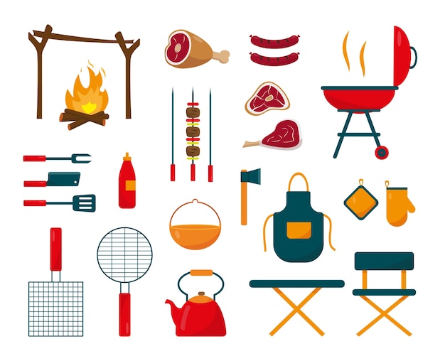 Vector big collection of barbecue elements or icons for summer holiday or weekend concept design.