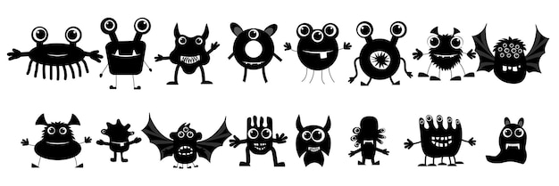 Big collection of black monsters Set of monochrome black monsters isolated on white background Ve