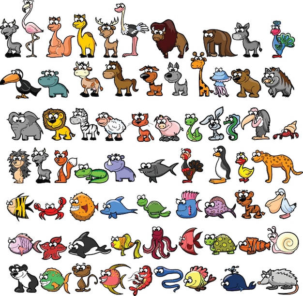 Big collection of cute cartoon animalsbirds and sea creatures of the worldBig fauna of the world icon setVector illustration isolated on white