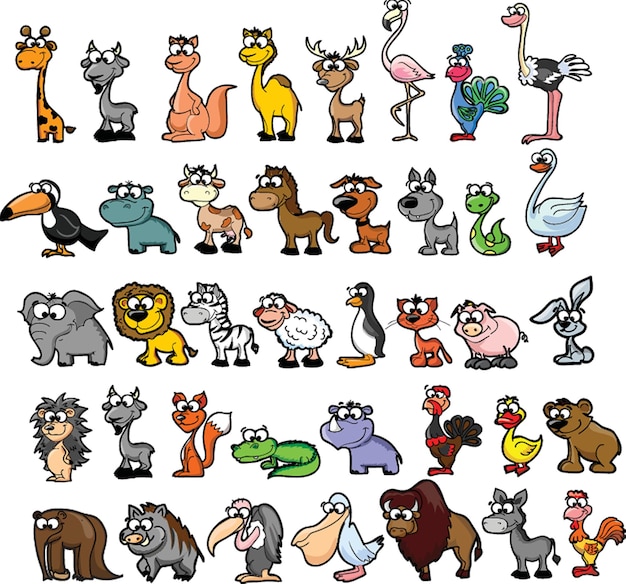 Vector big collection of cute cartoon animalsbirds and sea creatures of the worldbig fauna of the world icon setvector illustration isolated on white