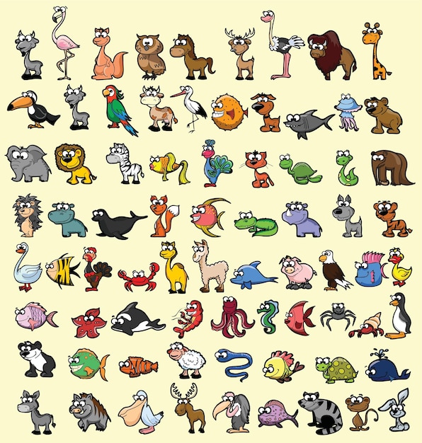 Big collection of cute cartoon animalsbirds and sea creatures of the worldbig fauna of the world icon setvector illustrations