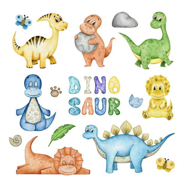 Grande collezione di dinosauri carini set di dinosauri ad acquerello cartone animato clipart disegnato a mano ad acquerello isolato su sfondo bianco illustrazione per la festa del bambino di compleanno della camera dei bambini