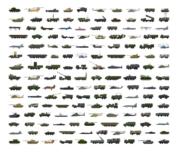 Vector big collection of detailed military transport and equipment.