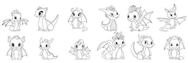 Big collection of doodle baby dragons hand drawn doodle decoration dragon kids set of dragons