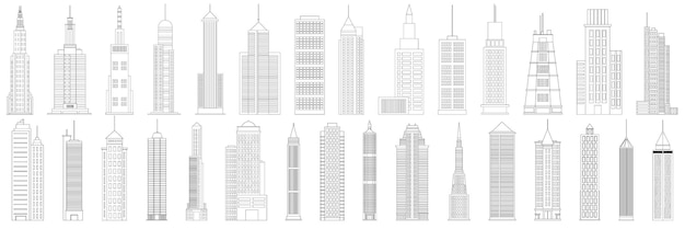 Grande collezione di grattacieli doodle set di icone di contorno dei grattacieli edifici per uffici aziendali