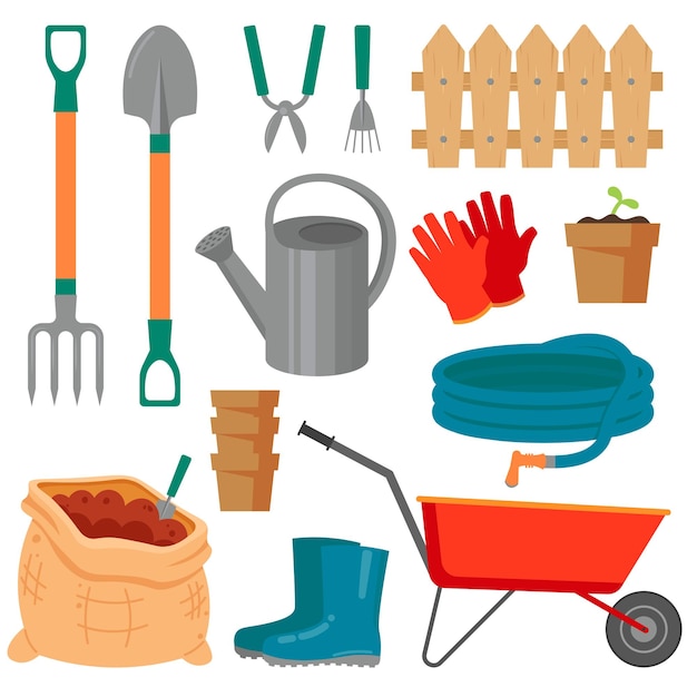 Big Collection Of Equipment For Gardening Vector Illustration In Flat Style