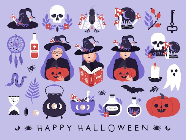 Big collection of halloween mystic clip arts. set magic illustrations of cute witch, skull, sphere