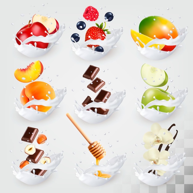 Big collection icons of fruit in a milk splash. raspberry, strawberry, mango, vanilla, peach, apple, honey, nuts, chocolate vector set 3.