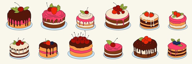 Большая коллекция тортов цветного контура торт в стиле каракулей изолирован на белом фоне.