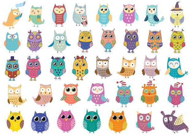 かわいいフクロウのイラストの大きなコレクション