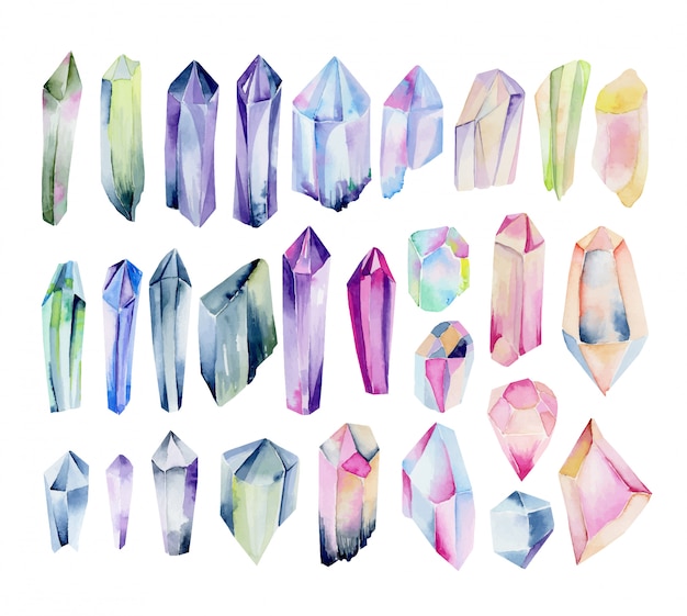Большое собрание акварели красочных и кристаллов радуги, руки покрасило изолированную иллюстрацию.