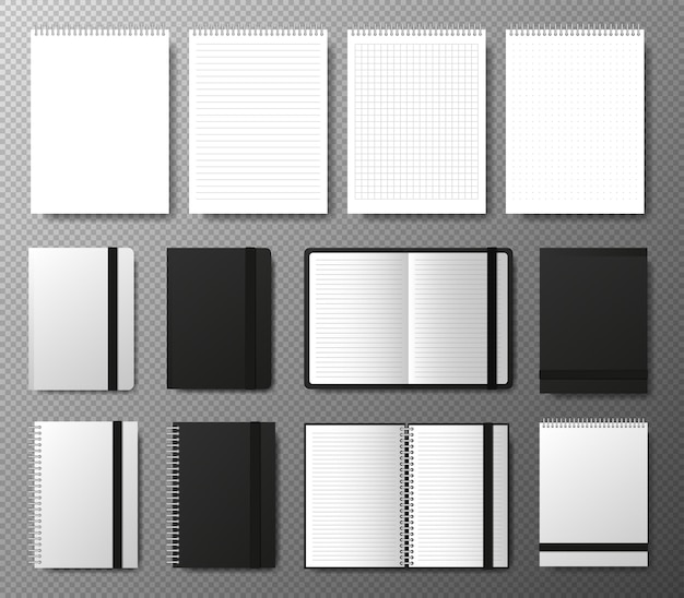 大きなコレクション現実的な空白の黒の開閉コピーブックテンプレート、ゴムバンドと透明な背景のブックマーク4つの現実的なノートブックの線と点の紙のページ