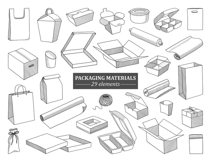 Vector big collection of scotch packaging materials and food containers isolated on a white in vector