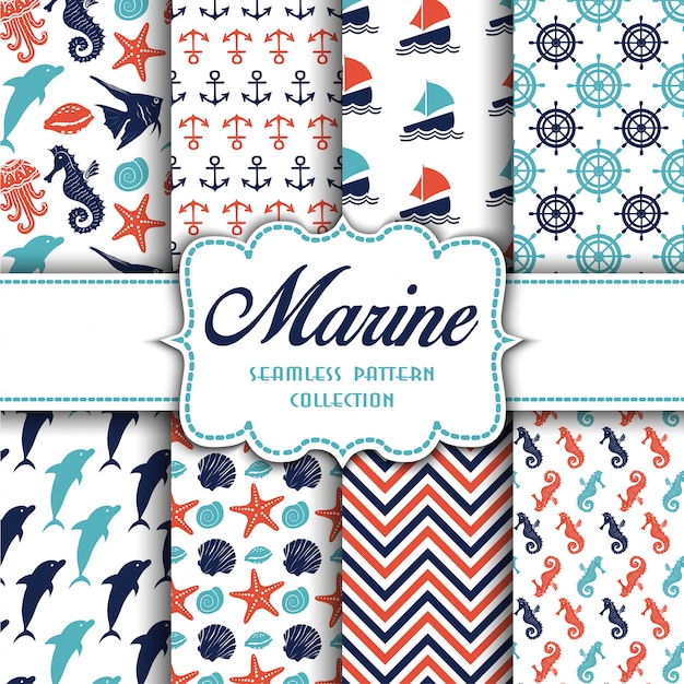 Vector big collection of seamless patterns with marine elements