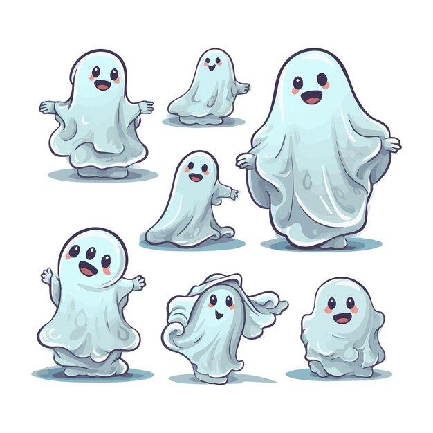 Big collection of simple flat ghosts Halloween scary ghostly monsters Cute cartoon spooky character