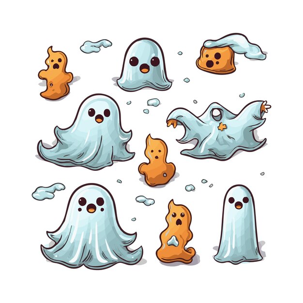 Big collection of simple flat ghosts Halloween scary ghostly monsters Cute cartoon spooky character