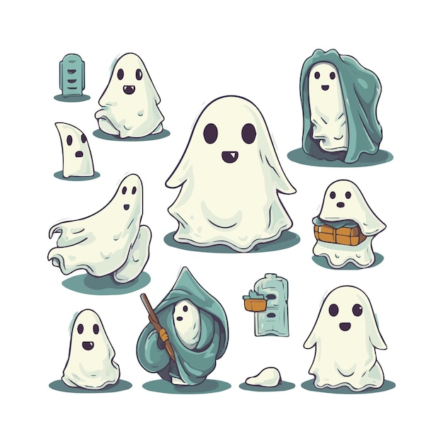 Grande collezione di semplici fantasmi piatti mostri spettrali spaventosi di halloween simpatico personaggio spettrale dei cartoni animati