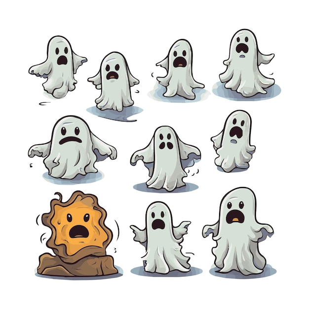 Big collection of simple flat ghosts Halloween scary ghostly monsters Cute cartoon spooky character