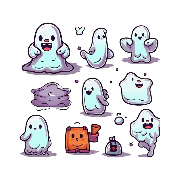 Vector big collection of simple flat ghosts halloween scary ghostly monsters cute cartoon spooky character