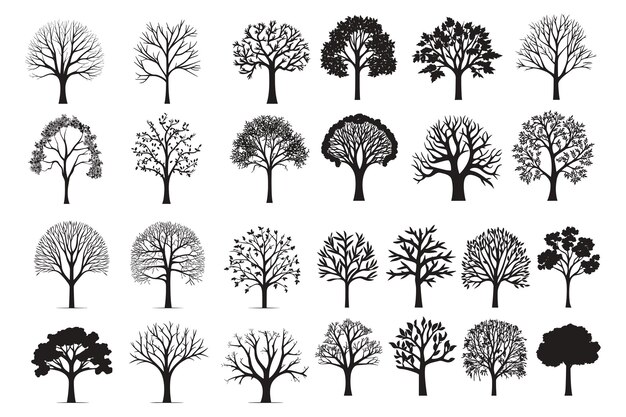 Big collection of tree silhouettes isolated on white background vector illustration