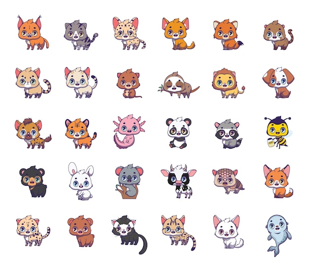 様々な可愛い漫画の動物種の大きなコレクション