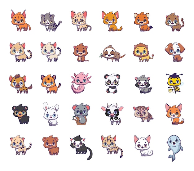 Vector big collection of various cute cartoon animal species