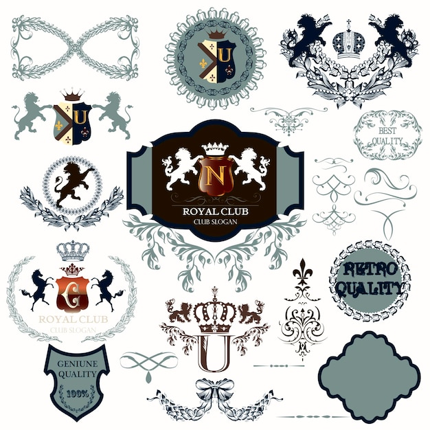 Vector big collection of vector antique heraldic elements for design in vintage style