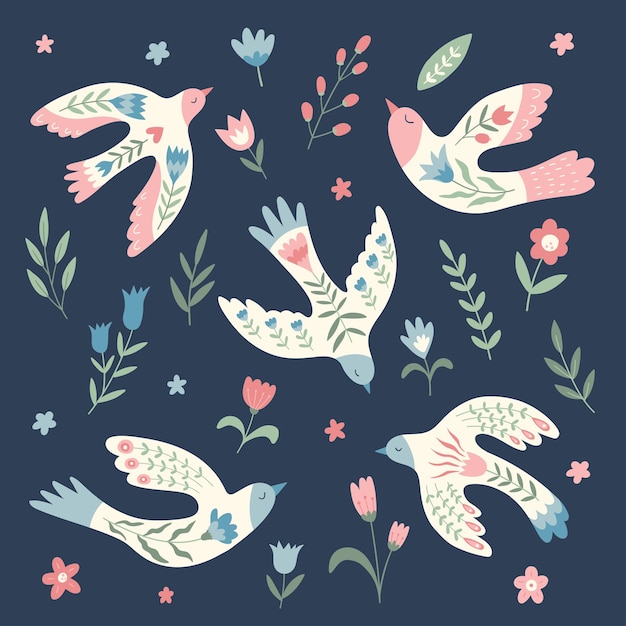 Big collection of vector birds flowers leaves berries in folklore style doves of peace