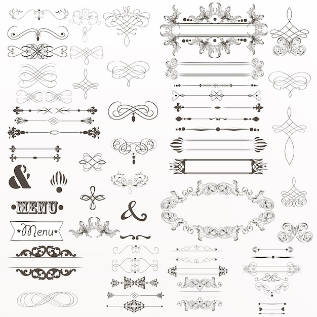 Big collection of vector decorative elements flourishes swirls frames in vintage style