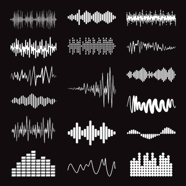 Vector big collection white music wave on black background vector set of isolated audio logos pulse players equalizer symbols sound design elements